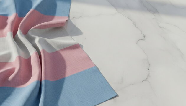 Transgender flag background with copy space on elegant white marble for a pride month concept representing lgbtqia diversity, gender identity, and human rights advocacy