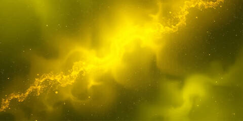 A vivid yellow nebula stretches across the cosmic expanse, swirling with gaseous clouds and twinkling stars, creating a breathtaking celestial spectacle. © Designer Hunt
