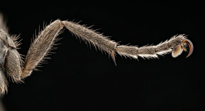 Extreme close-up of hairy insect leg joints and claws