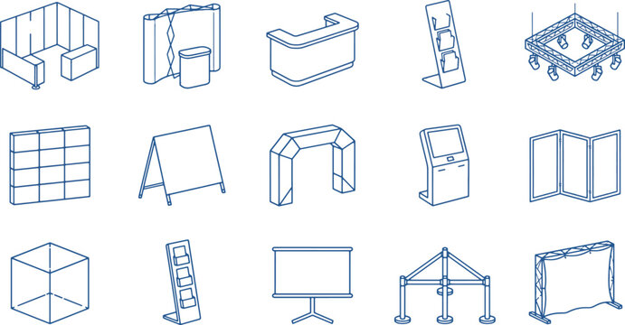 Isometric exhibition stand line icons set. Vector expo booth modular equipment, trade show backdrop, promotion counter, digital kiosk, lighting truss, and presentation elements outline collection