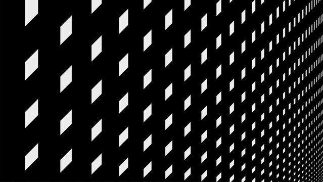 High-contrast black geometric background with white repeating diamond cutouts arranged in perspective formation, creating dramatic spatial depth and optical illusion.