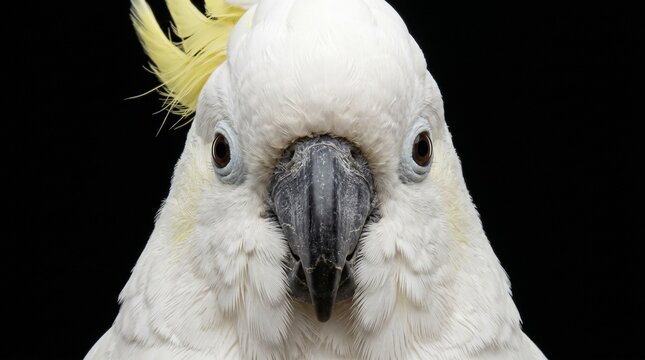 Extreme close-up portrait of a majestic white Sulfur-crested Cockatoo looking at camera, studio lighting on black background, exotic bird headshot with vibrant yellow crest.