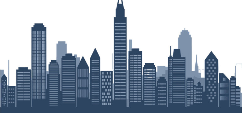 Silhouette of modern city skyline with tall skyscrapers and buildings against a clear background illustration