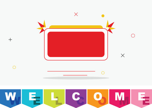 Retro red billboard vector illustration, blank advertising sign with starburst accents, colorful welcome banner flags for events