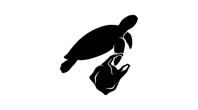 silhouette of a sea turtle caught in a plastic bag highlighting ocean pollution