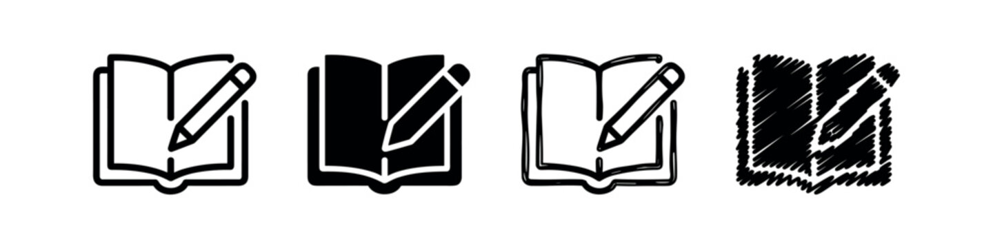 Writing and creative note-taking icon set, open book with pencil