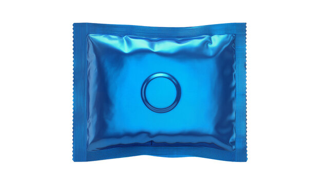 Blue foil condom wrapper with circular embossed detail