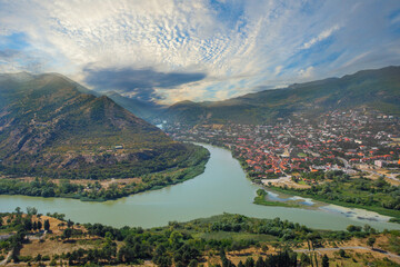 Georgia. Panoramic view of confluence of Kura Aragvi rivers © artmim
