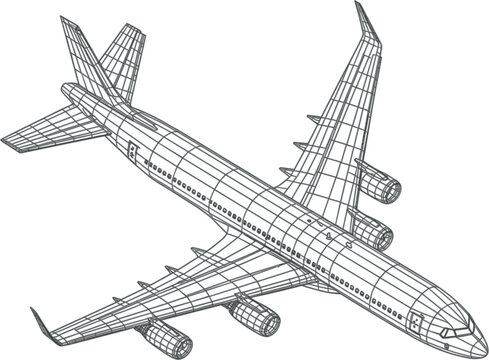 Detailed 3D Wireframe Airplane Illustration, Side Perspective, Aircraft Engineering, Technical Drawing, Aviation Concept, Structural Design, Aerodynamic Study, Vector Art