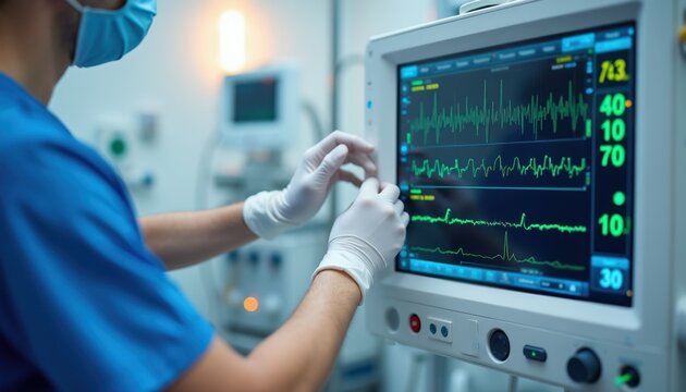 Doctor in blue uniform and mask touches medical monitor screen showing vital signs. Nurse checks patient data on lifesaving equipment in hospital ward. Close-up on hands adjusting monitor.