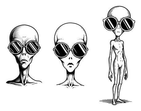 Alien characters set wearing round sunglasses cool extraterrestrial humor hand drawn sketch