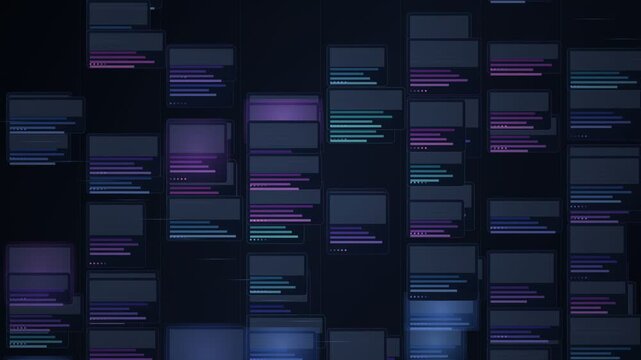 Cybersecurity data visualization with scrolling code blocks, digital information stream in purple and blue, abstract software programming interface