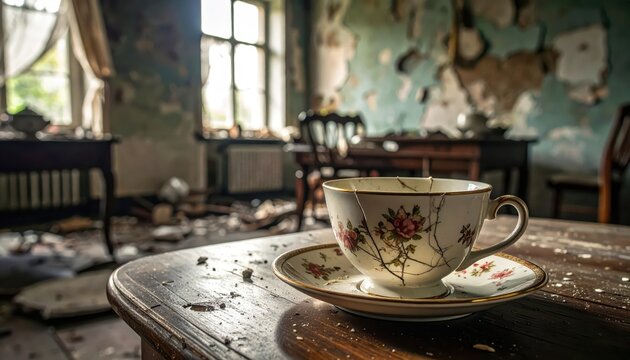 A Cracked Floral Teacup Sits on a Dusty Table in an Abandoned, Dilapidated Room