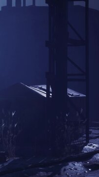 Workers are present at a construction site during the night. A metal structure stands tall next to a storage container. Tools and materials are scattered around.