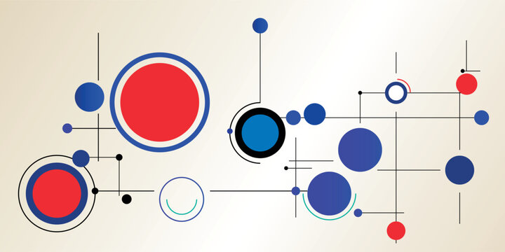 Abstract illustration of a complex network with interconnected red and blue circles and lines on a light background, representing data, technology, or connections.
