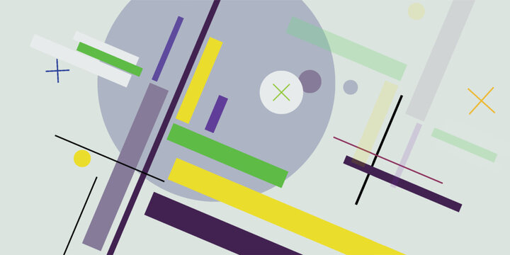 Abstract geometric composition with overlapping circles, lines, and rectangles in a Suprematist-inspired style, featuring a palette of purple, yellow, green, and grey.