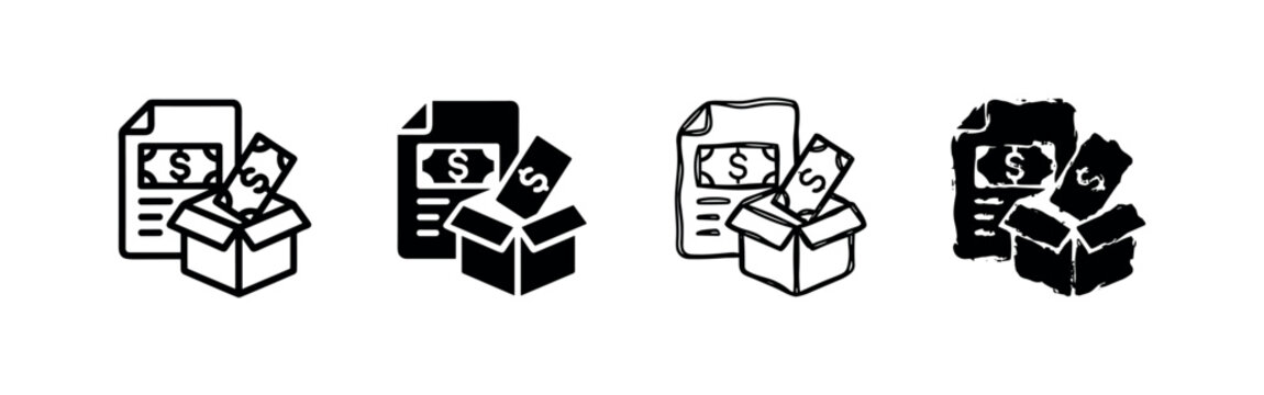 Financial document and payment icon set with dollar sign, document, and money in a box. Billing and donation concept.