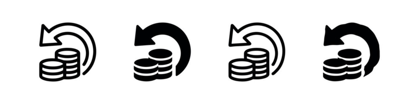Cashback and financial return icon set with curved arrow and stack of coins. Refund and recurring payment concept.