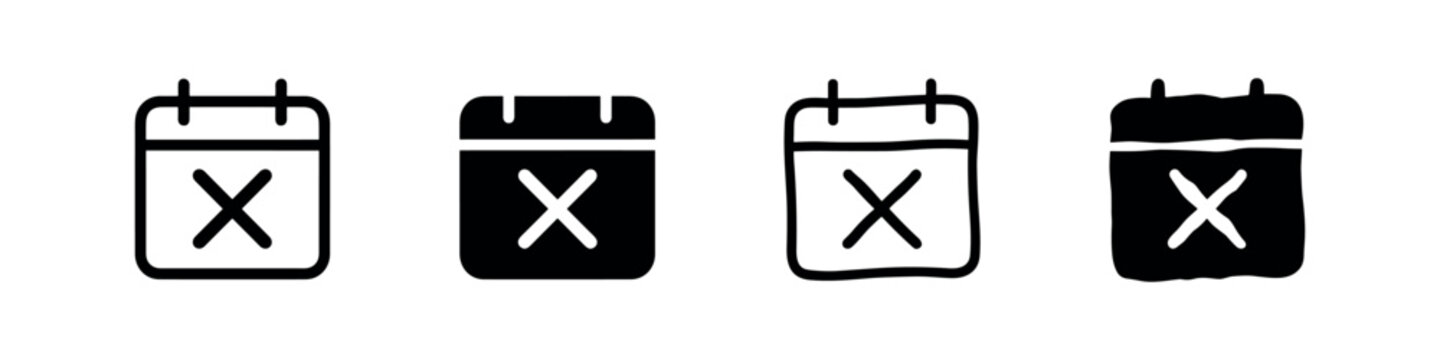 Cancelled event and unavailable date icon set with calendar and 'X' mark. Deletion and rejection concept.