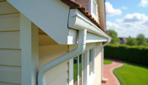 White gutter system installed on modern house exterior. Rainwater channel directs water away from home facade. Smooth vinyl siding and roof edge details visible.