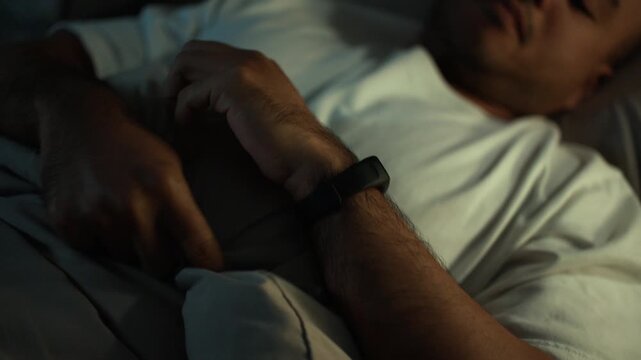 Man sleeping peacefully while wearing a smart watch for sleep tracking. Deep sleep monitoring wearable technology, Recovery wellness, healthy lifestyle and longevity concept.
