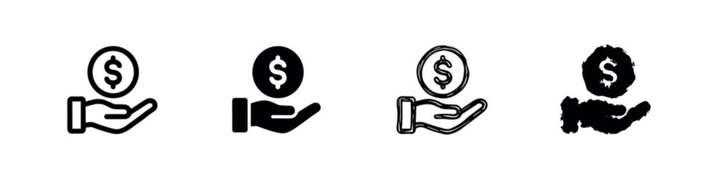 Hand holding a dollar coin icon in four different styles for payment and charity concepts.