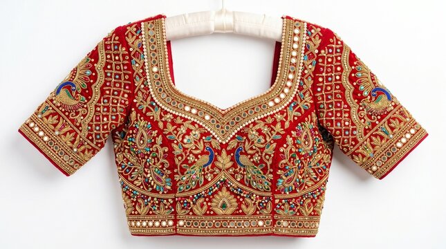 Red designer embroidered lehenga blouse with traditional magma and Zaria handiwork, commercial stock photo
