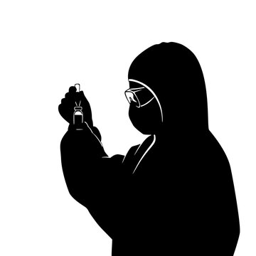 Silhouette illustration of a researcher wearing protective equipment while carefully holding and examining a laboratory vial, representing scientific investigation, sample analysis, and laboratory saf