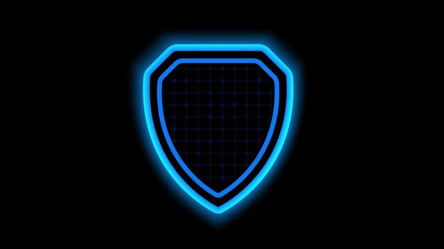 Animated neon shield drawing with moving digital grid inside. Cyber security data protection or medical health shield transforming to green on black