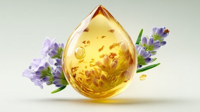 A golden oil drop surrounded by lavender flowers and leaves, symbolizing relaxation.