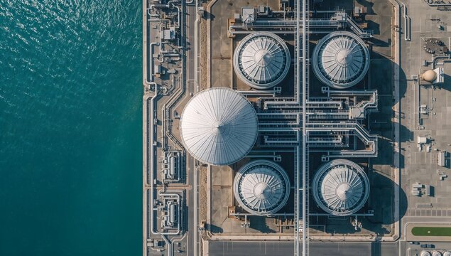 Aerial view of industrial storage tanks and facility by the sea