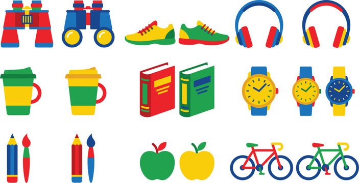 Colorful primary color palette daily lifestyle travel and hobby web icon set.