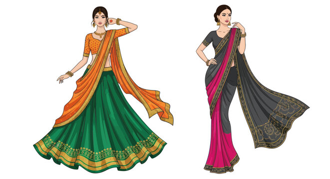 Indian Women in Traditional Sari and Lehenga Choli Outfits, Festive Attire