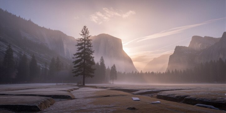 A digitally rendered landscape of granite monoliths and a solitary Jeffrey pine tree emerges from the foggy valley at dawn.