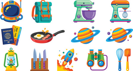Colorful travel kitchen space adventure and lifestyle vector sticker collection. © EdGe Creative