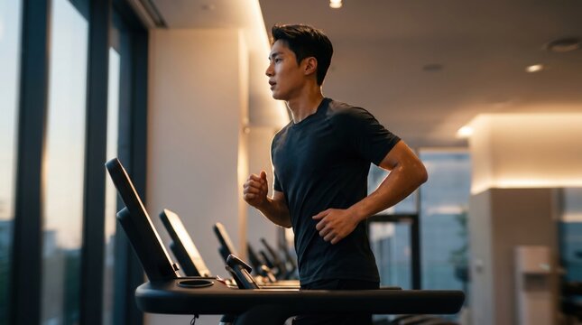 Running on treadmill profile view of a sweating Asian man exercising inside a modern luxury gym with large window background.