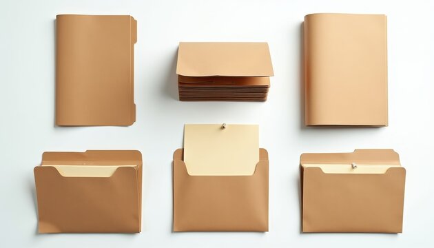 Collection of brown kraft paper file folders and envelopes. Folders hold documents and paper inserts. Office supplies organized for archiving. Background is plain white.
