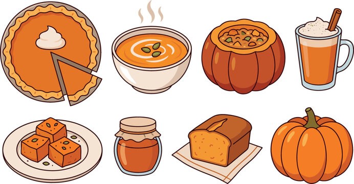 Autumn pumpkin food vector set with thanksgiving treats including pie soup latte bread honey jar and whole pumpkin design elements