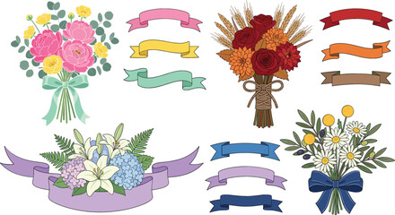 Beautiful floral bouquet vector illustration set with romantic flower arrangements hand drawn blossoms botanical leaves and colorful blank ribbon banners © MdMehedi