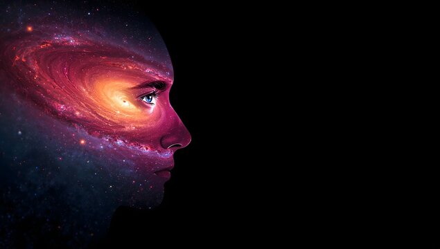 Profile of a human face merged with a vibrant cosmic galaxy
