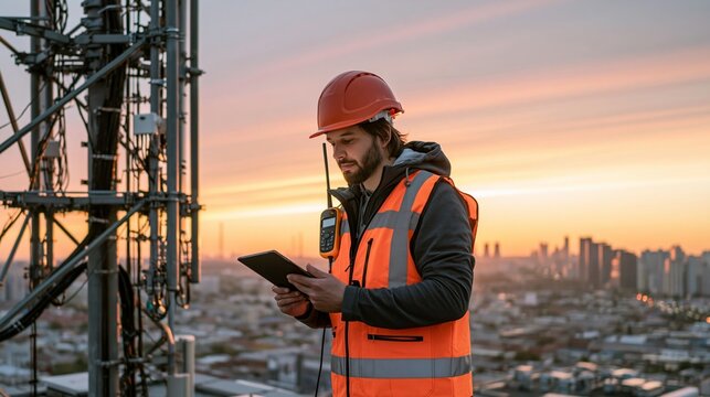 Medium shot of a technician in a reflective safety vest examining a 5G massive MIMO antenna on a dense urban rooftop holding a tablet and signal meter during a goldenhour sunset
