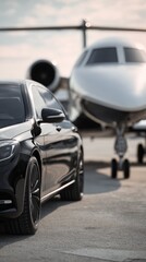 Fototapeta premium Luxury black car in foreground with a private jet in the background.