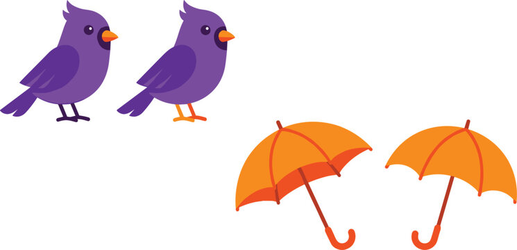 Find differences game elements with blue birds and orange umbrellas vector icons set.