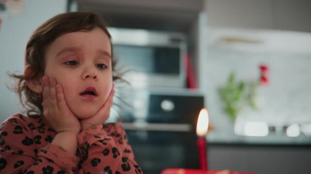 Young child blows candle with focused expression. She pauses briefly, eyes closed, cheeks puffed. Soft kitchen light reflects on her face. Candle flickers beside red cake stand