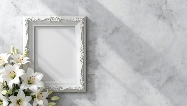 White ornate frame mockup with lilies on grey marble wall background