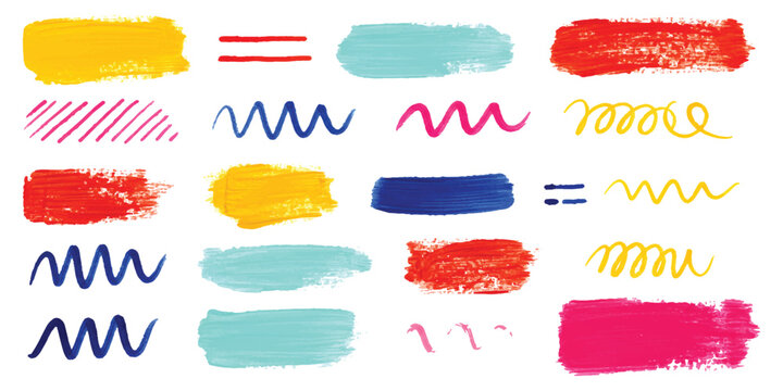 Set of colorful hand drawn paint brush strokes and wavy marker lines