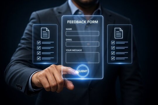 Person's finger presses a glowing 'submit' button on a digital feedback form interface, displaying text fields.