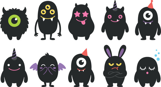 Cute black little monster characters vector illustration set featuring funny alien creatures with colorful eyes horns star glasses and birthday hats for stickers