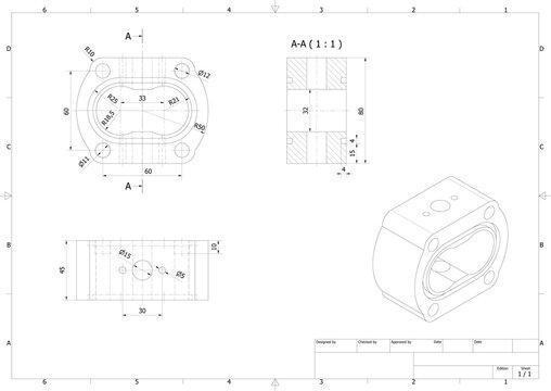 Technical Isometric CAD Drawing Sheet of a Mechanical Pump Body Component