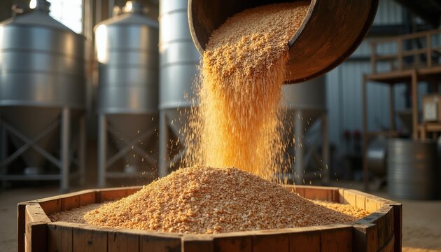 Grain pours from metal chute into wooden bin at industrial facility. Silo tanks in background. Bulk material processing. Agricultural industry.
